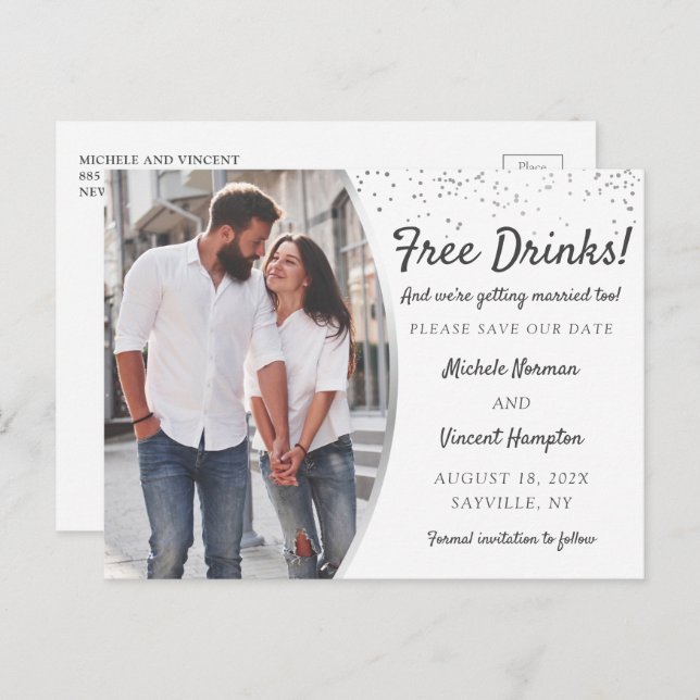 Free Drinks Silver Foto Save the Date Lässig Postkarte (Vorne/Hinten)