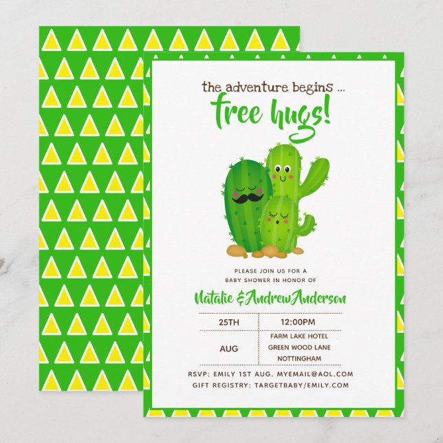 Free Hugs Cacti Familie Modernes Gelb Grün Einladung (Vorne/Hinten)
