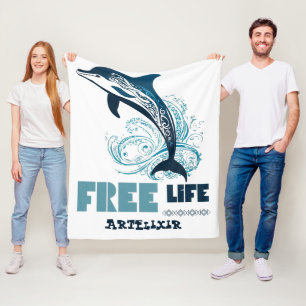 Free Life White Tribal Dolphin Print Fleecedecke