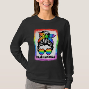 Free Mama Hugs Messy Bun Rainbow Lgbt Pride Bleach T-Shirt