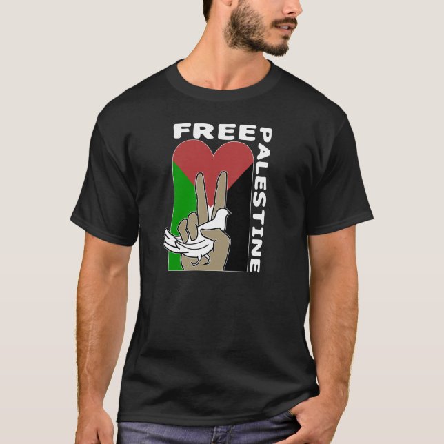 Free Palestine Dove Heart Peace Schild Dunkles Hem T-Shirt (Vorderseite)