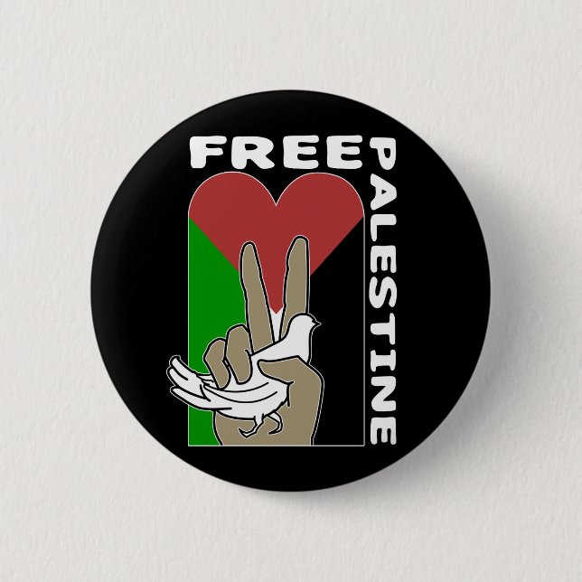 Free Palestine Dove Heart Peace Sign Black Button (Vorderseite)