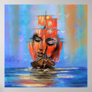 Free Sailing Relief boat Lady - Original Art Paint Poster