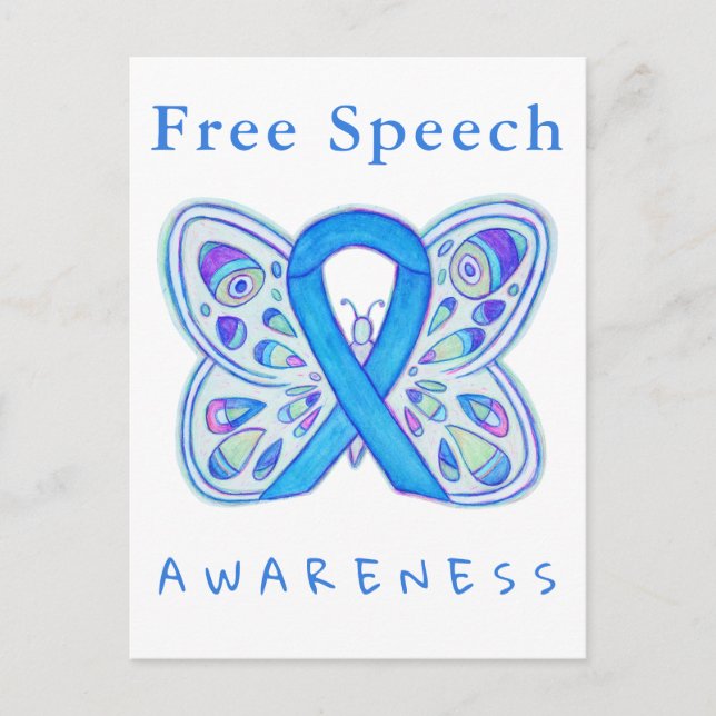 Free Speech Blue Awareness Ribbon Butterfly Cards Postkarte (Vorderseite)
