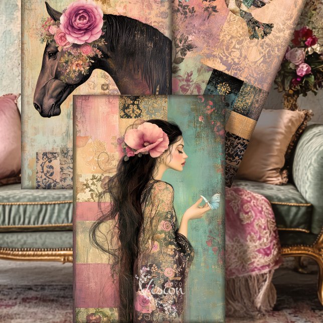 Free Spirit Romantic Core HEAVYWEIGHT DECOUPAGE Geschenkpapier Set (Poster Size Canvases with vibrant Boho Patchwork Colour against a mint sage velvet couch)