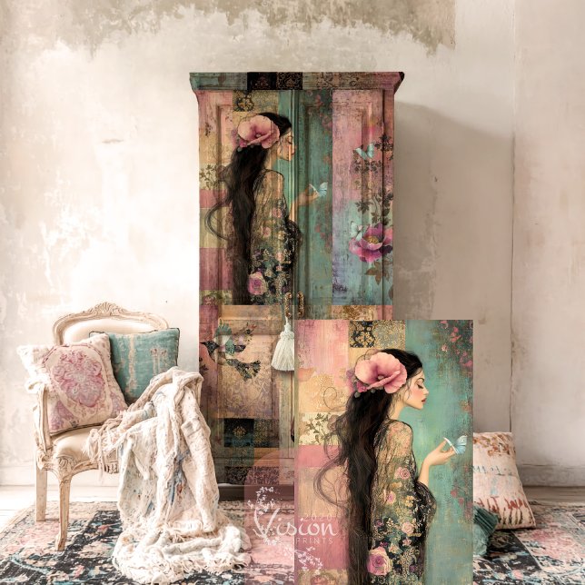 Free Spirit Whimsical Portrait, Patchwork und Blum Seidenpapier (Pink, black & green, Whimsical Portrait, Vintage patchwork & Floral decoupage tissue paper)