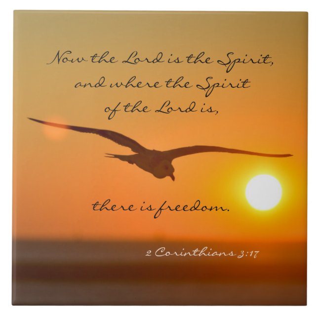 Freedom Bible Verse, Vogel fliegen bei Sonnenunter Fliese (Vorderseite)