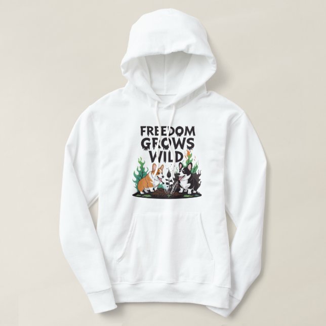Freedom Grows Wild – Scary Corgi Gardening Cartoon Hoodie (Design vorne)