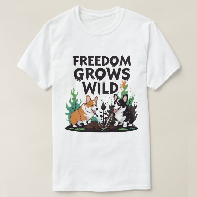 Freedom Grows Wild – Scary Corgi Gardening Cartoon T-Shirt (Design vorne)