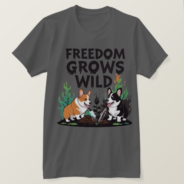 Freedom Grows Wild – Scary Corgi Gardening Cartoon T-Shirt (Design vorne)
