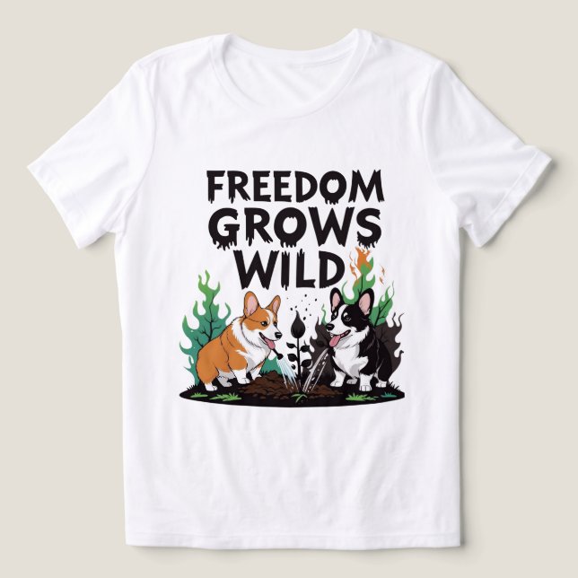Freedom Grows Wild – Scary Corgi Gardening Cartoon Tri-Blend Shirt (Design Vorderseite)