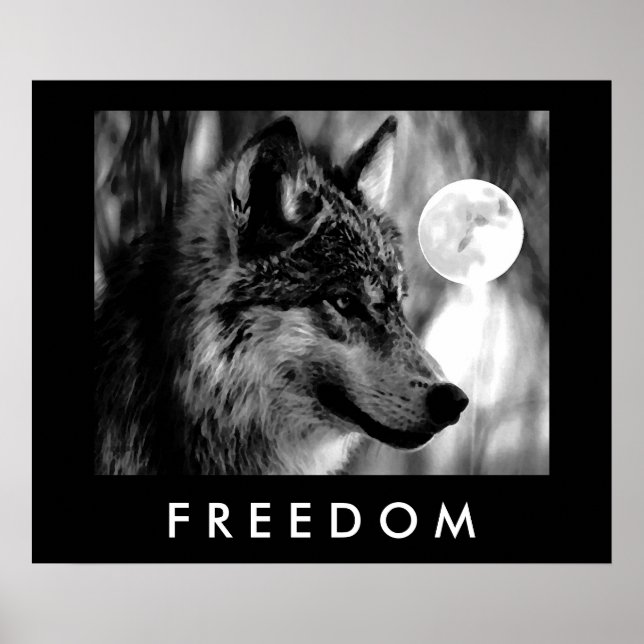 Freedom Motivierend Gray Wolf & Moon Poster Print (Vorne)