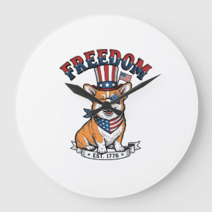 Freedom Patriotic Corgi Vintage Gravur T-Shirt_ Große Wanduhr