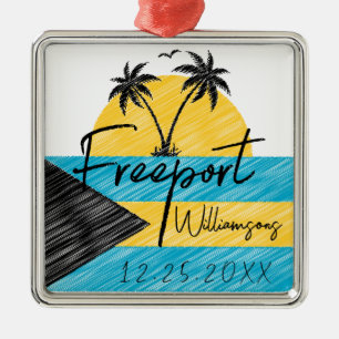 Freeport Bahamas Flag Palm Tree Sunset Souvenirs Ornament Aus Metall
