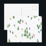 Freeride Alpine Skiern Skifahren Party Postkarte<br><div class="desc">Cooles Wintermotiv-Design mit Skifahrern, die Skipisten zwischen schneebedeckten Tannenbäumen in den Alpen abfahren. Freeride-Skifahrer tragen farbenfrohe Vintage Retroski-Anzüge und fahren mit Skiern auf weißem, schneebedecktem Bergland abwärts. Wunderschönes Wintersportspendengeschenk für Skifahrer in Ihrem Kreis von Freunden, Kollegen oder Familie. Whimsical Skier Kunstwerk Illustration Design. Skifahrer Ski Wohngestaltung, Skiteam, Skicoach Geschenk. Skifahrer...</div>