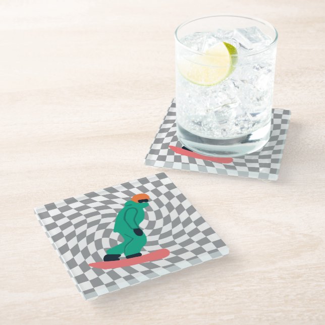 Freeride Snowboarder in grünem Anzug Checkered Glasuntersetzer (Schrägansicht)