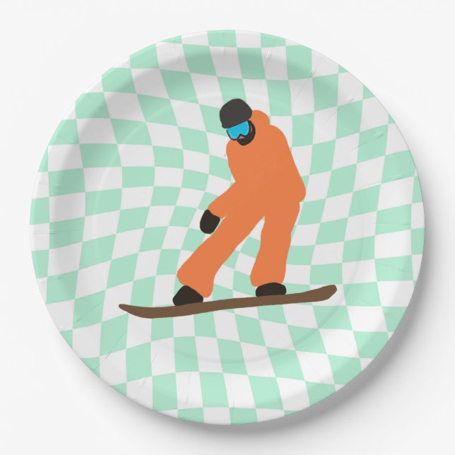 Freeride Snowboarder in Orange Anzug Checkered Pappteller (Vorderseite)