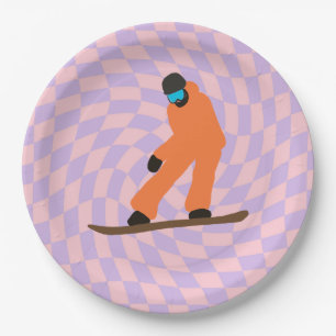 Freeride Snowboarder in Orange Anzug Checkered Pappteller
