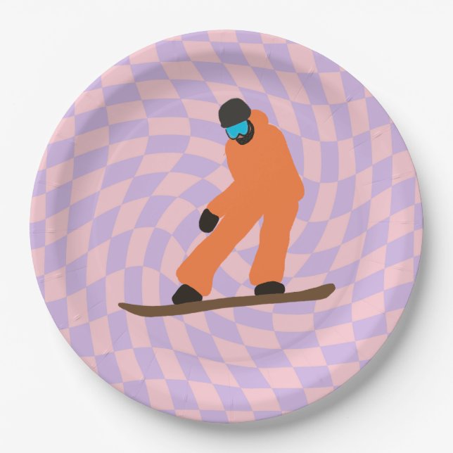 Freeride Snowboarder in Orange Anzug Checkered Pappteller (Vorderseite)