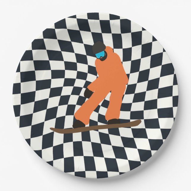 Freeride Snowboarder in Orange Anzug Checkered Pappteller (Vorderseite)
