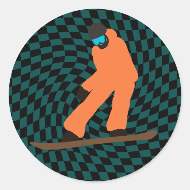 Freeride Snowboarder in Orange Anzug Checkered Runder Aufkleber (Vorderseite)