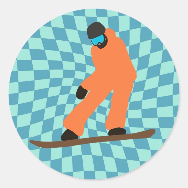 Freeride Snowboarder in Orange Anzug Checkered Runder Aufkleber (Vorderseite)