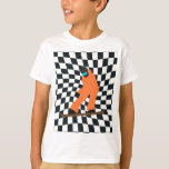 Freeride Snowboarder in Orange Anzug Checkered T-Shirt<br><div class="desc">Coole skurrile Illustrationskunst von bunten Snowboardern, Snowboarden in Bergen, auf frischem Schneemulver. Snowboard und Xmas Outdoor Sport. Snowboarder Geschenke. Snowboarden Team Geschenke. Retro-verzogene Karos scheuerten sich beim Snowboarden.</div>