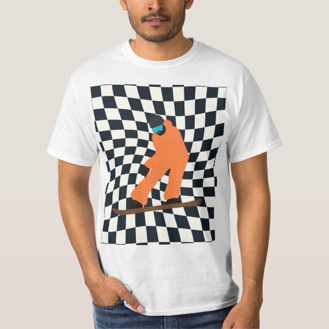 Freeride Snowboarder in Orange Anzug Checkered T-Shirt (Vorderseite)