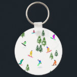 Freeride Snowboarder Snowboarden Illustration Schlüsselanhänger<br><div class="desc">Coole skurrile Illustrationskunst von bunten Snowboardern,  Snowboarden in Bergen zwischen Kiefer,  Fichten,  Tannen auf frischem Schneemulver. Snowboard und Weihnachtssport in einem Winterwald. Snowboarder Geschenke. Weihnachtsdekor zum Snowboarden.</div>