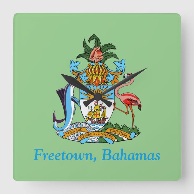 Freetown, Bahamas Marlin & Flamingo (Eleuthera) Quadratische Wanduhr (Vorderseite)