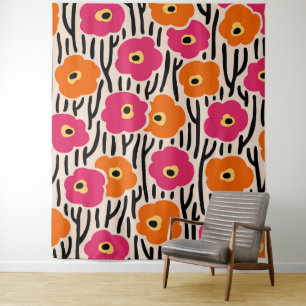 Frei gehaltene Blume Muster Hot Pink und Orange Wandteppich
