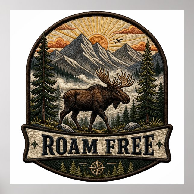 Frei Streifender Elch Besticktes Patch Design Poster (Vorne)