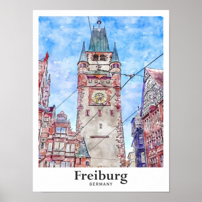 Freiburg Deutschland Travel Watercolor Hand Drawin Poster (Vorne)