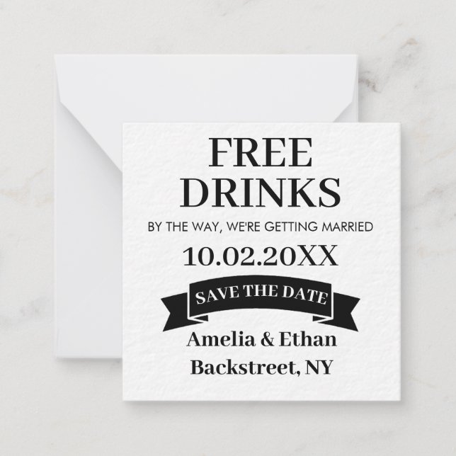 Freie Drinks Save the Date gewohnte Hochzeit Mitteilungskarte (Vorderseite)