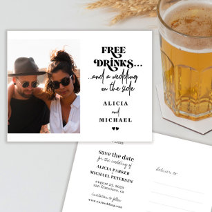 Freie Getränke lustige Foto Hochzeit speichern Sie Ankündigungspostkarte