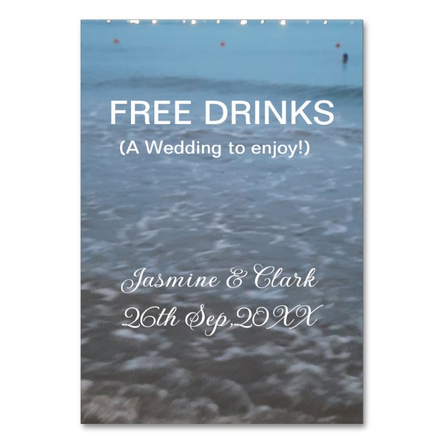 Freie Getränke Save the Date Strandhochzeit hinzuf Tischnummer (Vorderseite)