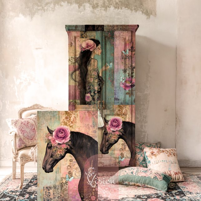 Freie Spirituosen, Whimsikpferde und Vintage Patch Seidenpapier (Pink & Green, Whimsical Horse, Vintage Patchwork and Floral Decoupage Tissue Paper)