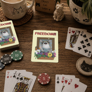 Freiheit Flucht Lustige Katze Gelbe Blumen Fenster Spielkarten