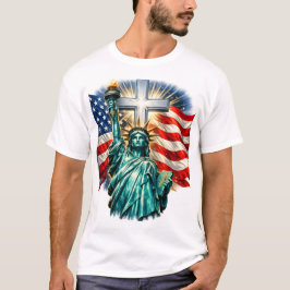 Freiheitsstatue mit Flaggen und Kreuz T-Shirt