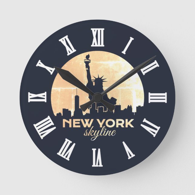 Freiheitsstatue New York Skyline Silhouette Runde Wanduhr (Vorderseite)