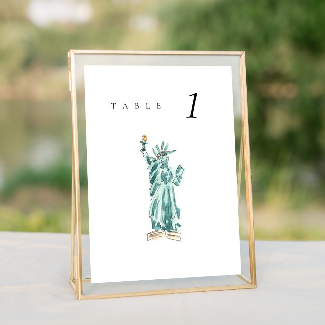 Freiheitsstatue New York Wedding Tischnummer (Watercolor Statue of Liberty New York City Skyline wedding table number sign.)