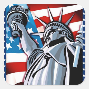 Freiheitsstatue und amerikanische Flagge Quadratischer Aufkleber