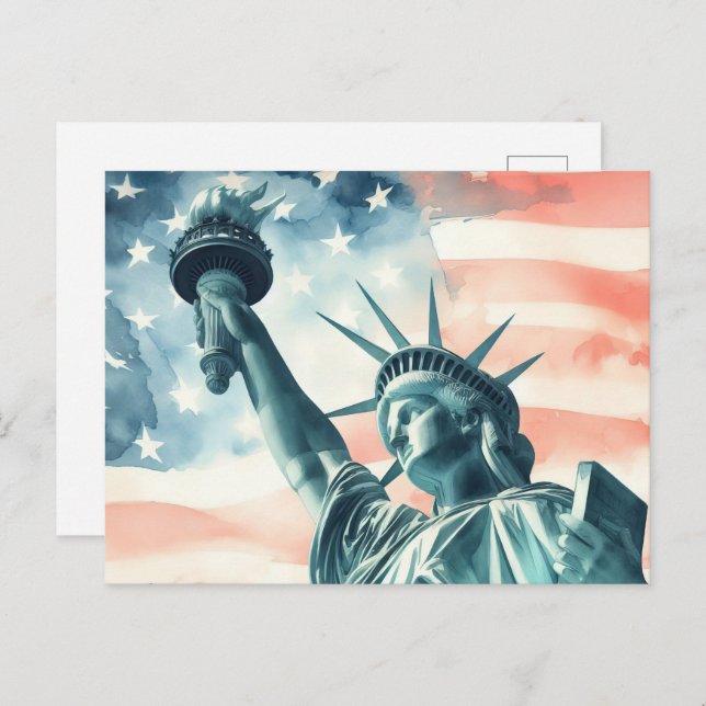 Freiheitsstatue unter amerikanischer Flagge Postkarte (Vorne/Hinten)