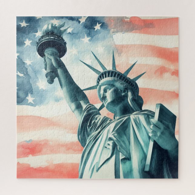 Freiheitsstatue unter amerikanischer Flagge Puzzle (Vertikal)