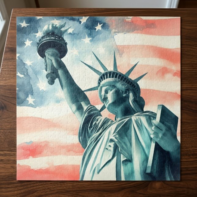 Freiheitsstatue unter amerikanischer Flagge Puzzle (Watercolor Statue of Liberty with American flag. Jigsaw Puzzle)