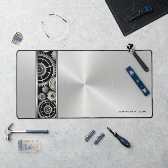 Freiliegende Geber auf gebürstetem Silber mit Ihre Schreibtischunterlage (Arbeitsplatz)