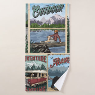 Freizeit Vintage Plakate Set mit Kanu Badehandtuch