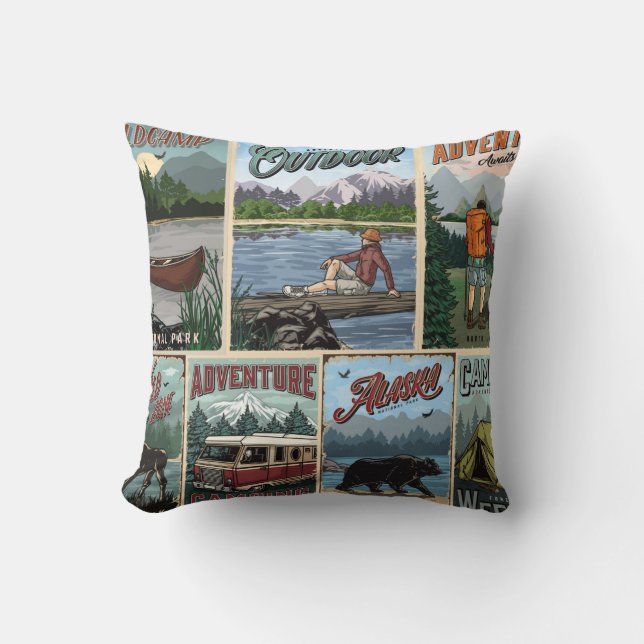 Freizeit Vintage Plakate Set mit Kanu  Kissen (Vorderseite)