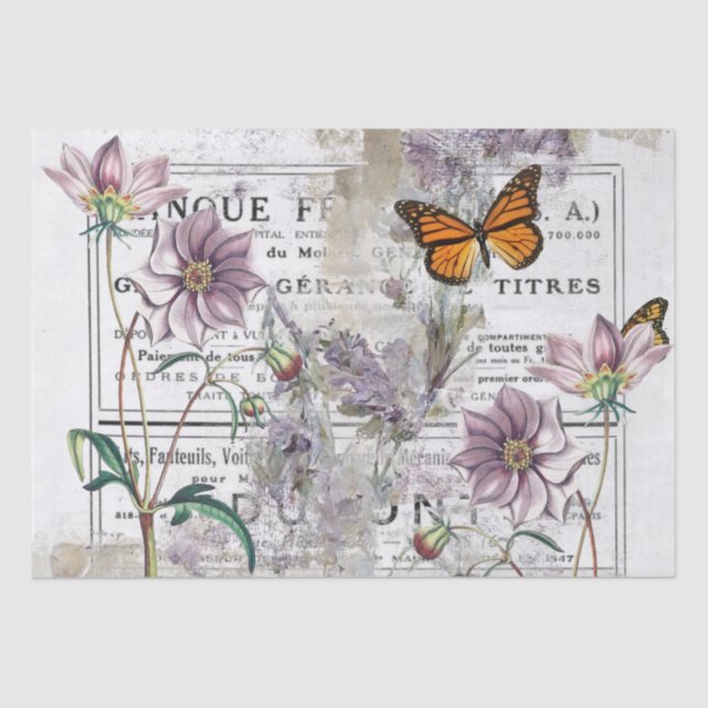 French Ad Butterfly Lila Blume Shabby Decoupage Seidenpapier (Vorderseite)