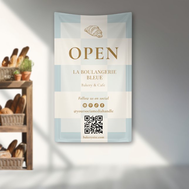 French Blue Checkered Croissant QR Bakery Display Banner (Von Creator hochgeladen)